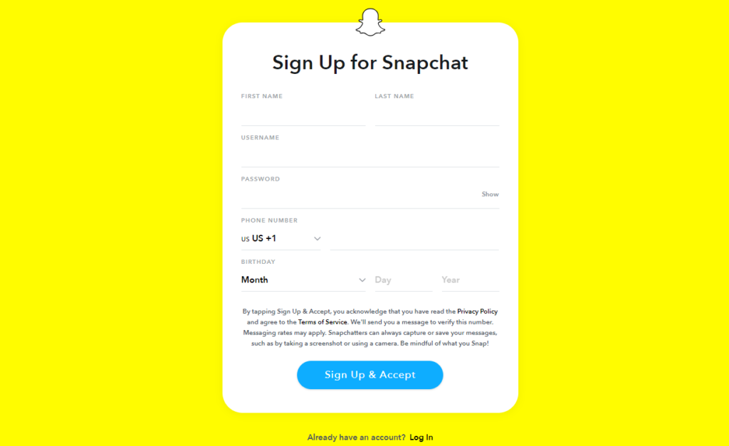 Creating new snapchat account