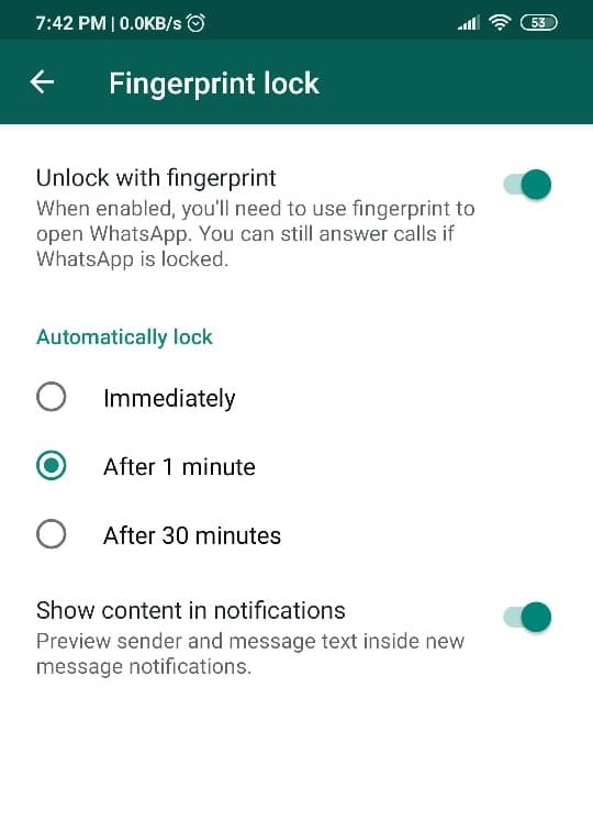 Whatsapp Fingerprint Lock Enabled Settings